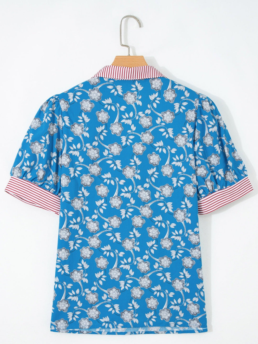 Floral Print Striped Trim Button Neck Short Sleeve Blouse