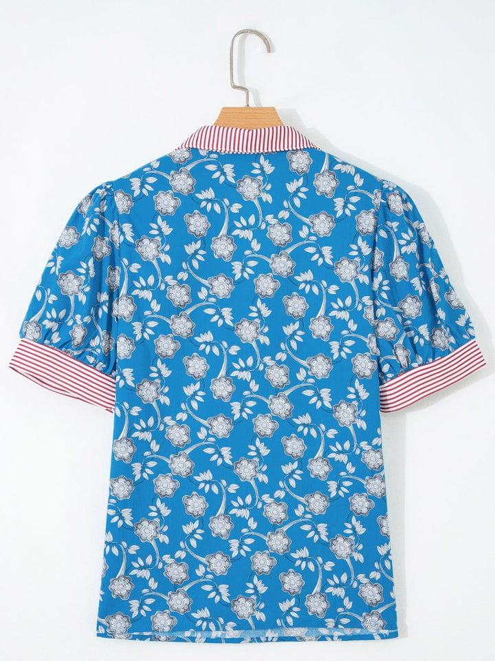Floral Print Striped Trim Button Neck Short Sleeve Blouse