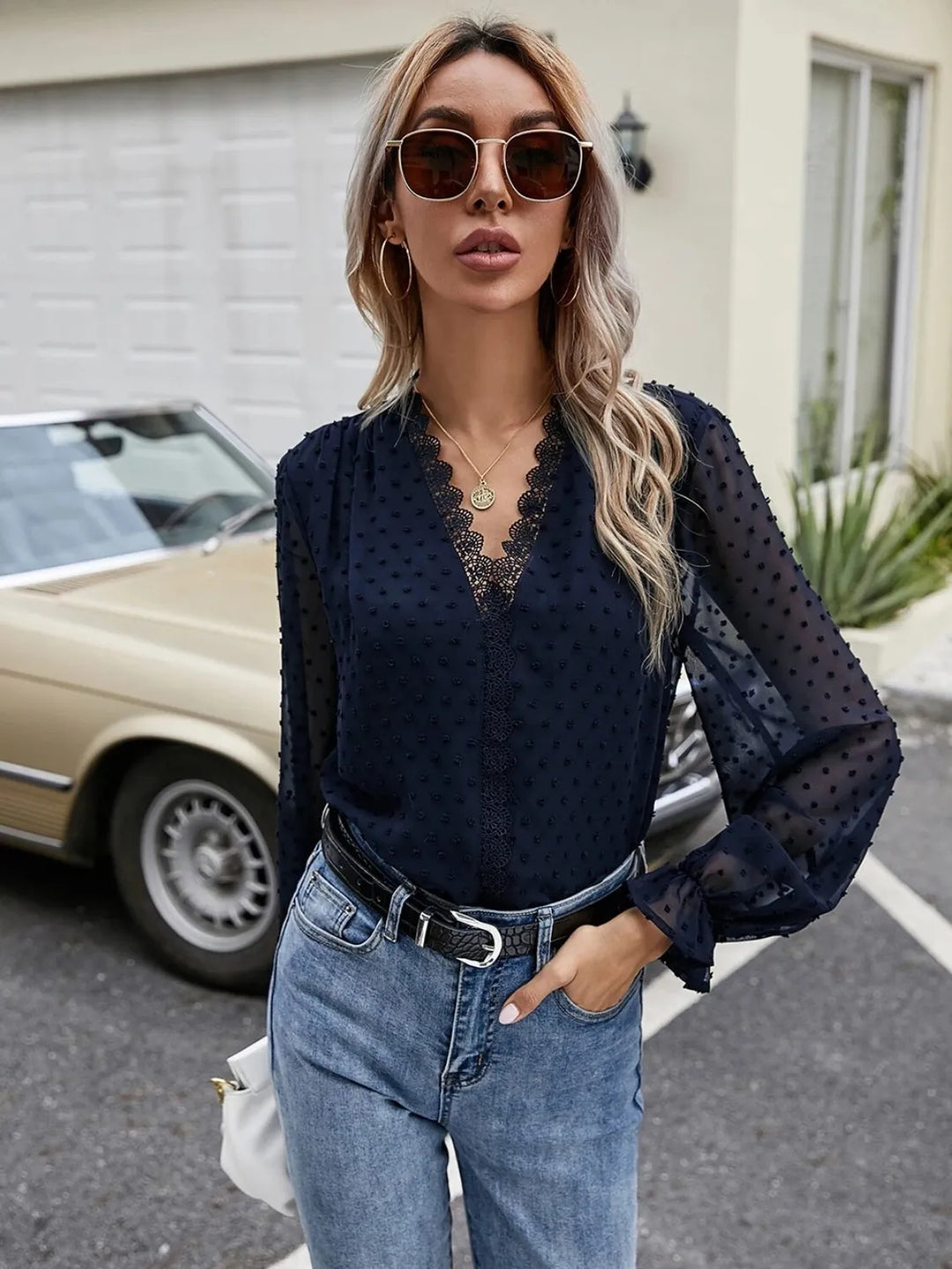 Lace Detail V-Neck Swiss Dot Blouse