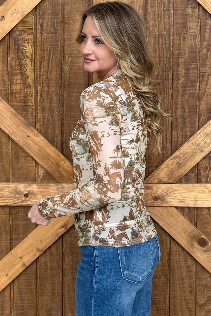 Beige Western Cowboy Floral Print Sheer Mesh Long Sleeve Top
