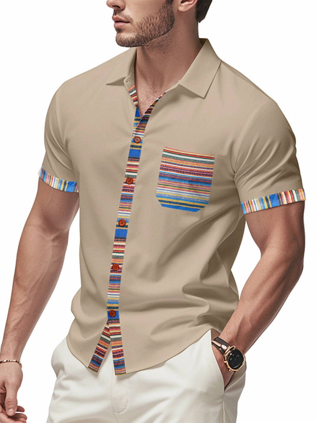 Men's Full Size Short Sleeve Shirt with Colorful Trim Plus Size