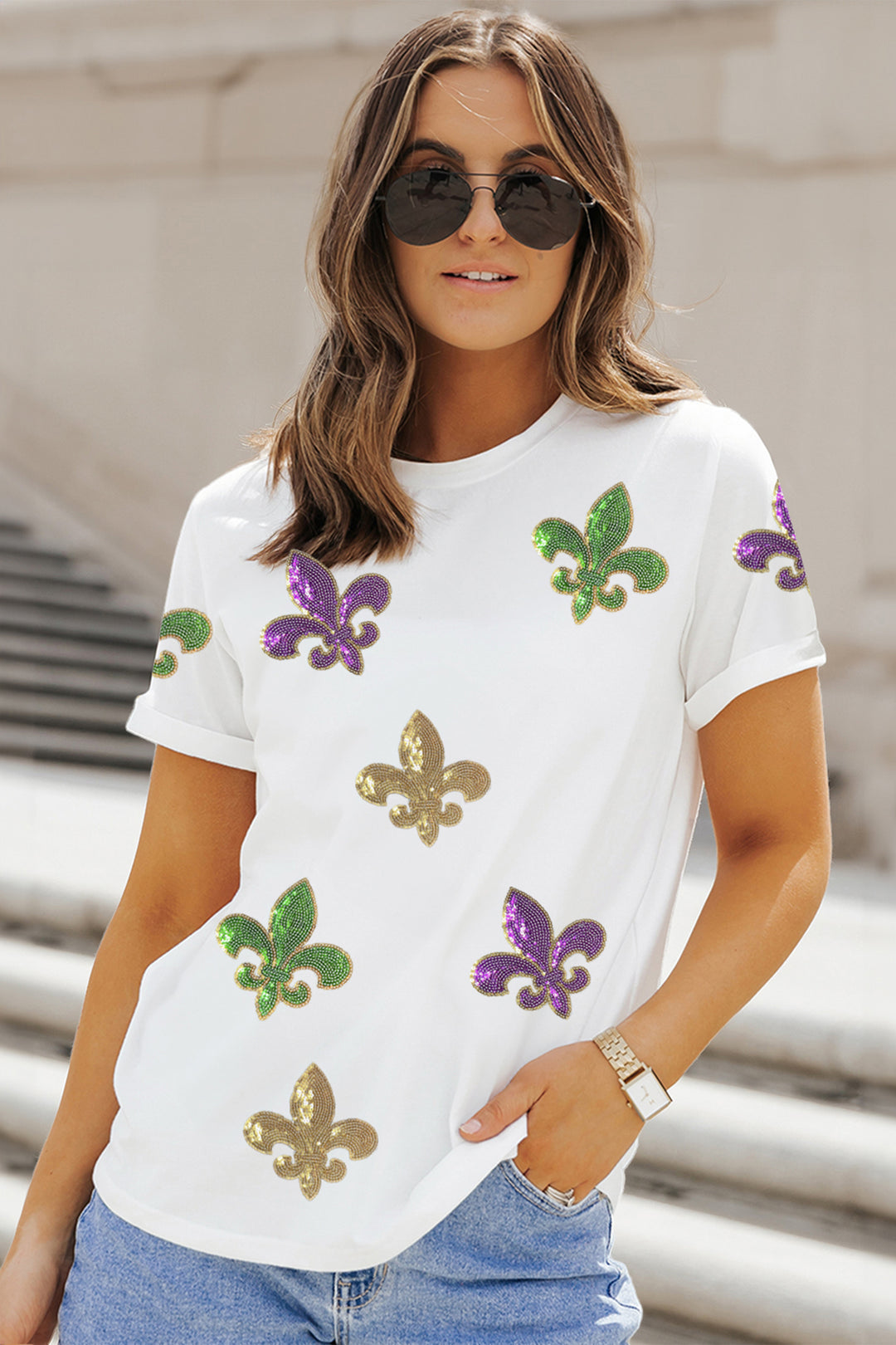 White Mardi Gras Fleur De Lis Sequin Graphic T Shirt