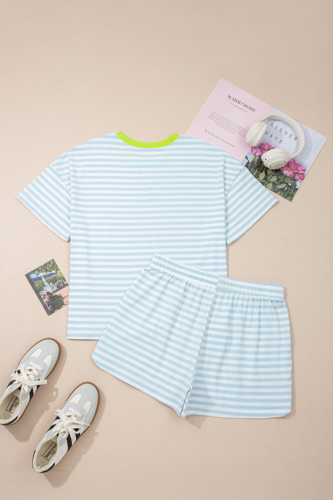 Sky Blue Stripe Contrast Neck Loose Tee and Drawstring Shorts Set