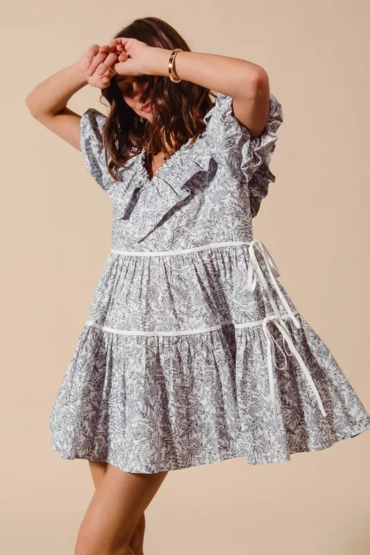 SO ME Cotton Printed Ruffle V Neckline Dress with Side Tie