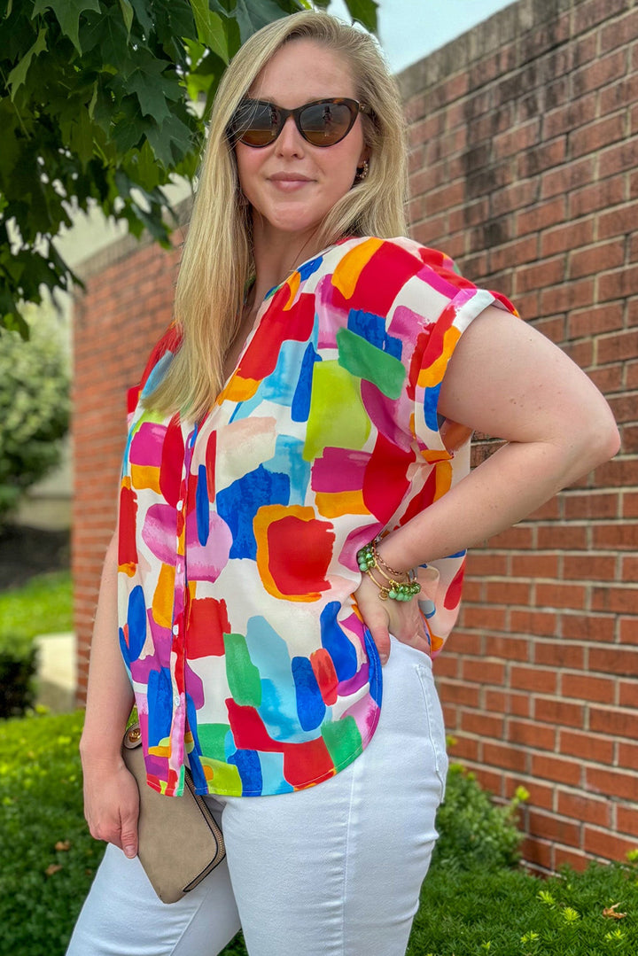 Chemisier à col fendu et boutons grande taille imprimé coups de pinceau colorés