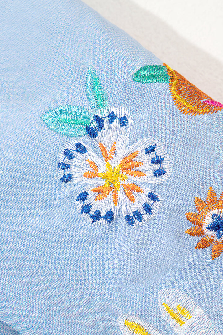 Beau Blue 花卉刺繡泡泡袖開衩襯衫