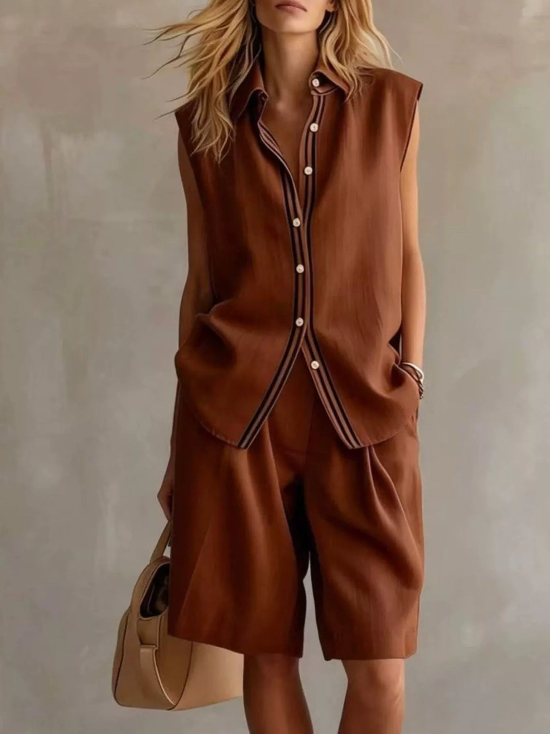 Sleeveless Button Up Top and Shorts Set
