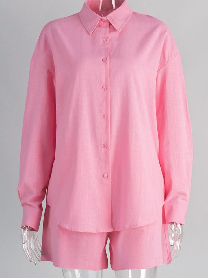 Button Up Long Sleeve Shirt and Shorts Set