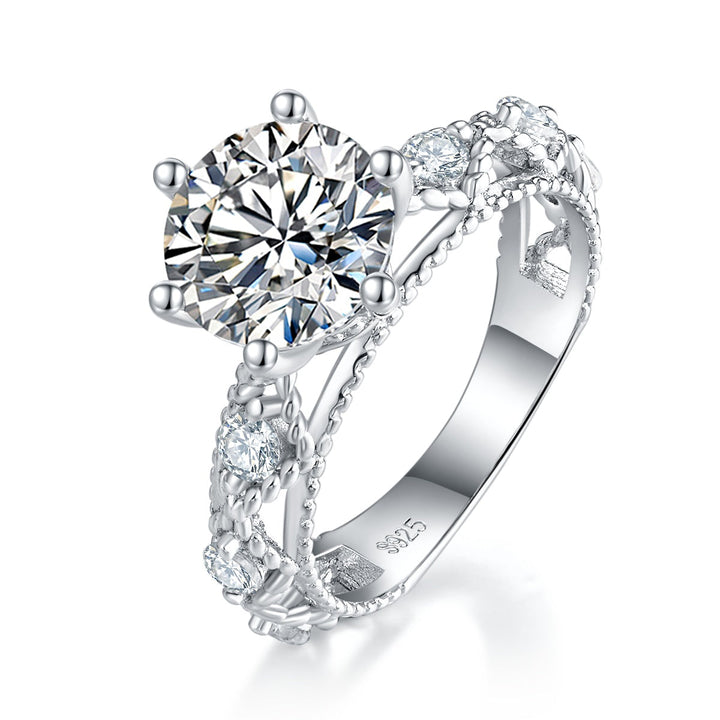 6-Prong 2 Carat Round Moissanite Engagement Ring, Split Shank S925 Silver Platinum Plated D Color VVS1 With GRA Certificate, US 5-9.