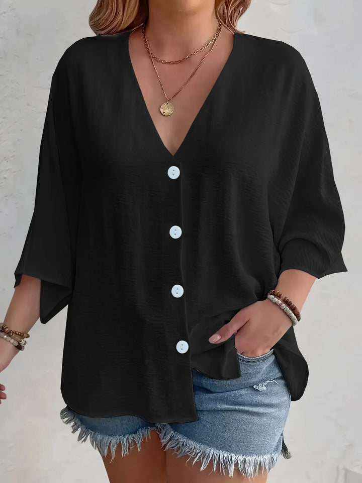 Full Size Casual V-Neck Button Down Relaxed Fit Blouse Plus Size