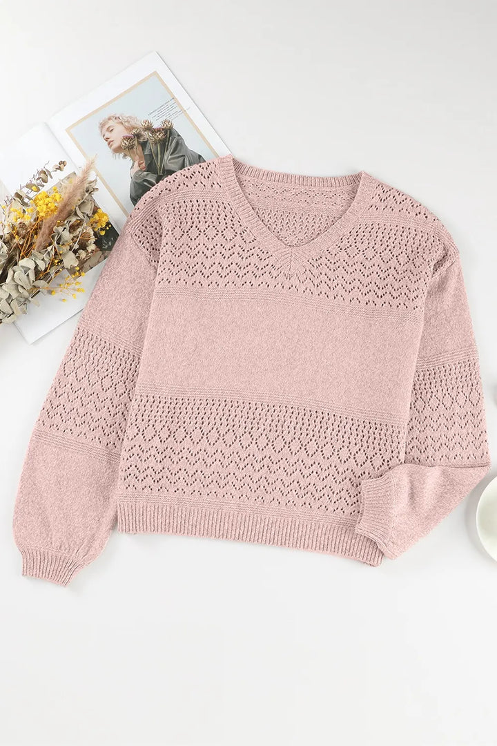 Openwork V-Neck Long Sleeve Sweater