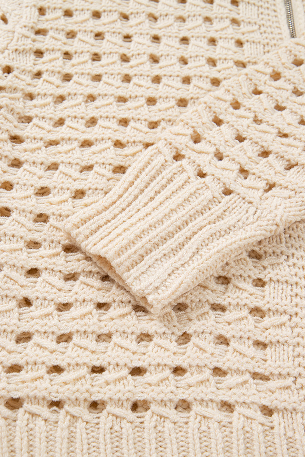 Beige Hollowed Pattern Knit Zip Up Drop Shoulder Sweater Cardigan