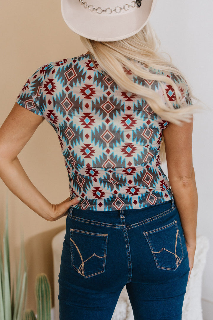 T-shirt slim bleu à imprimé aztèque occidental