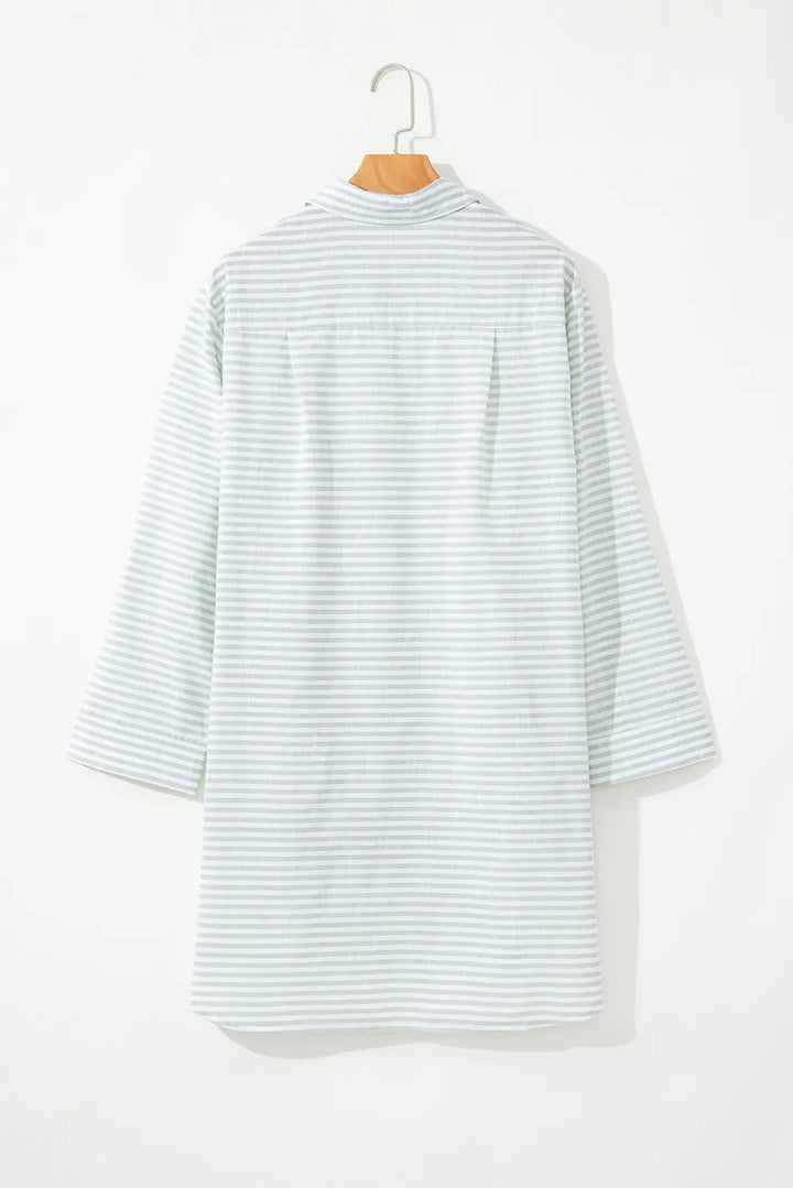 Striped Johnny Collar Long Sleeve Mini Shirt Dress