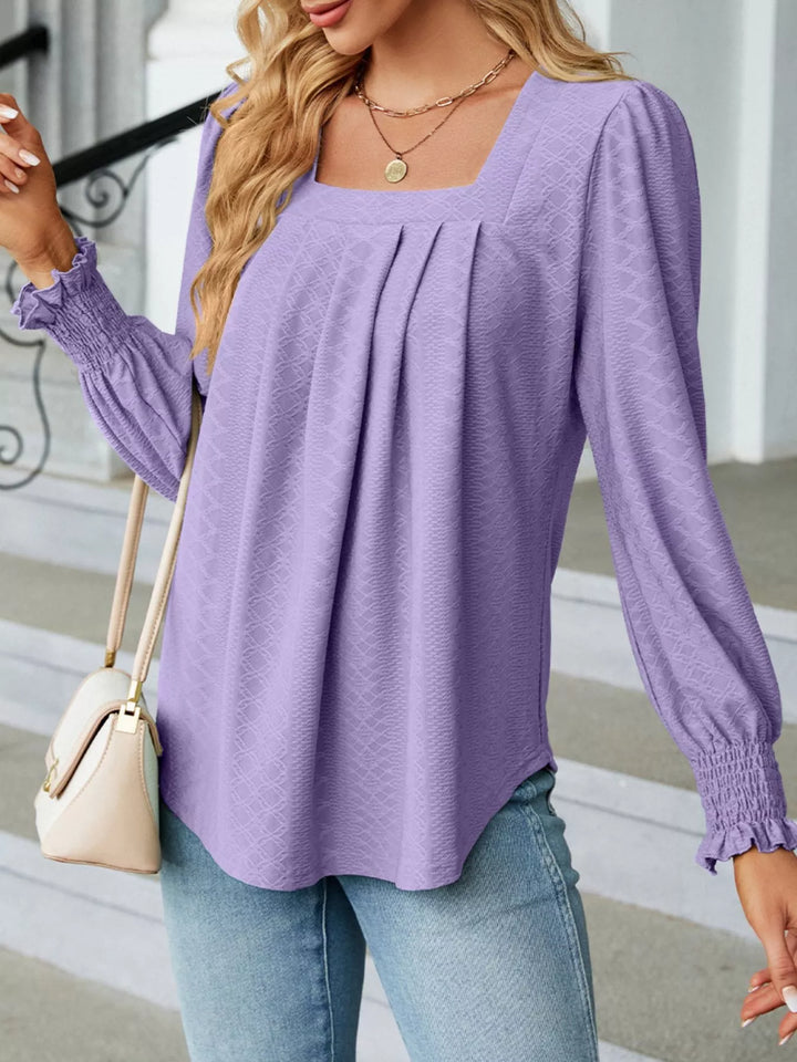 Pleated Square Neck Long Sleeve Top