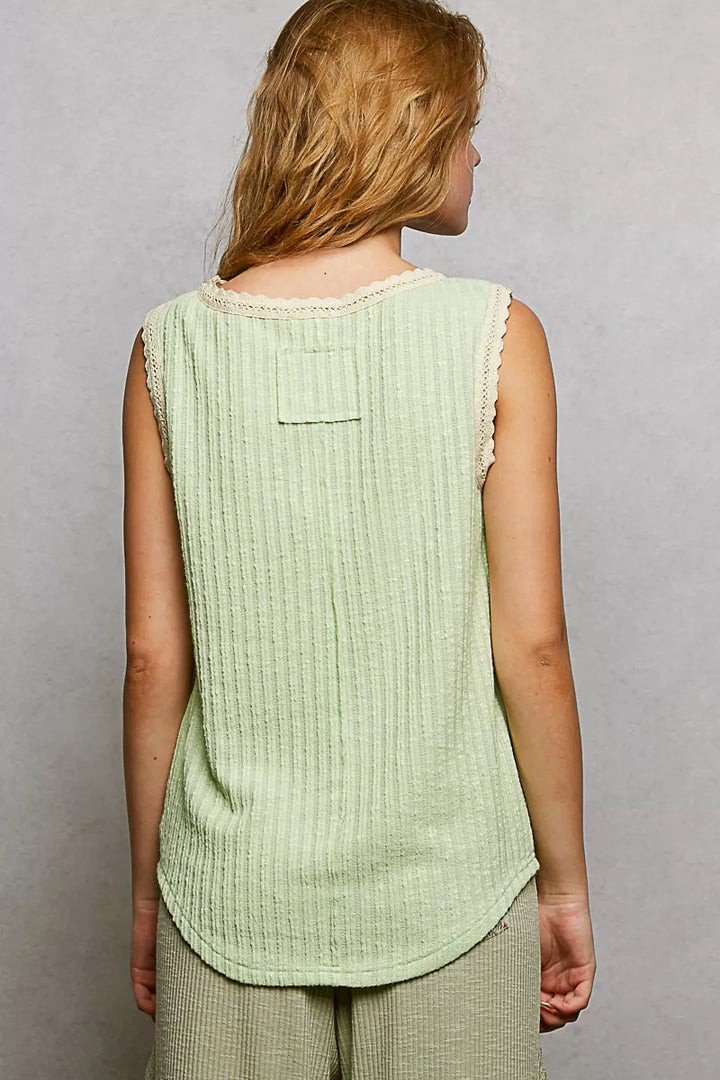 POL Ribbed Round Neck Tank with Lace Trim