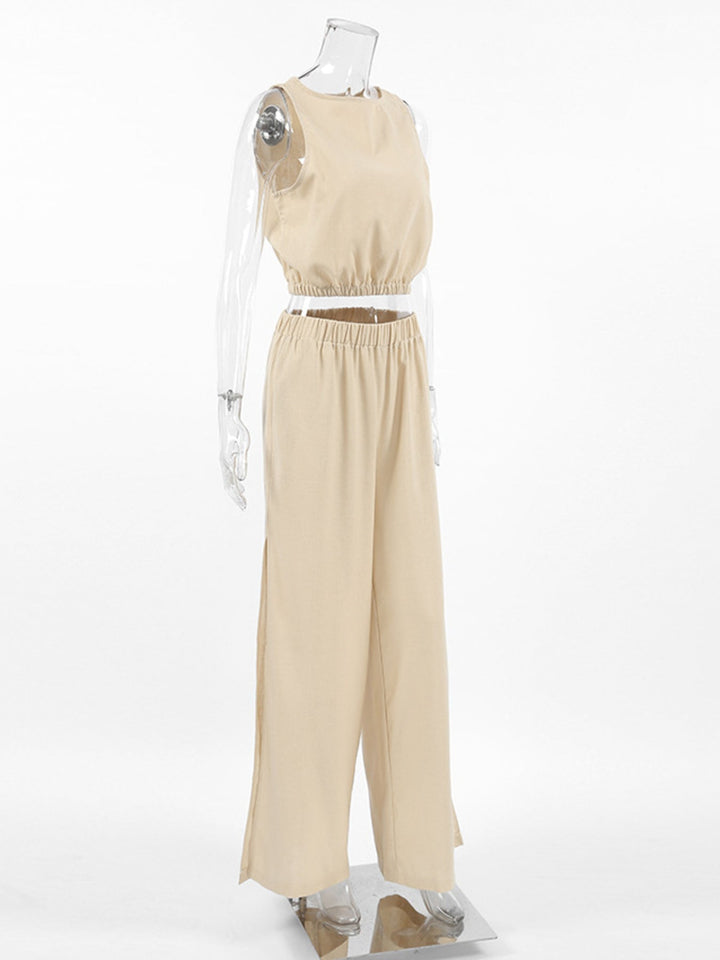 Sleeveless Crop Top and Slit Pants Set