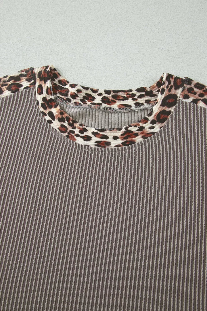Leopard Trim Ribbed Knit Tee and Shorts Set