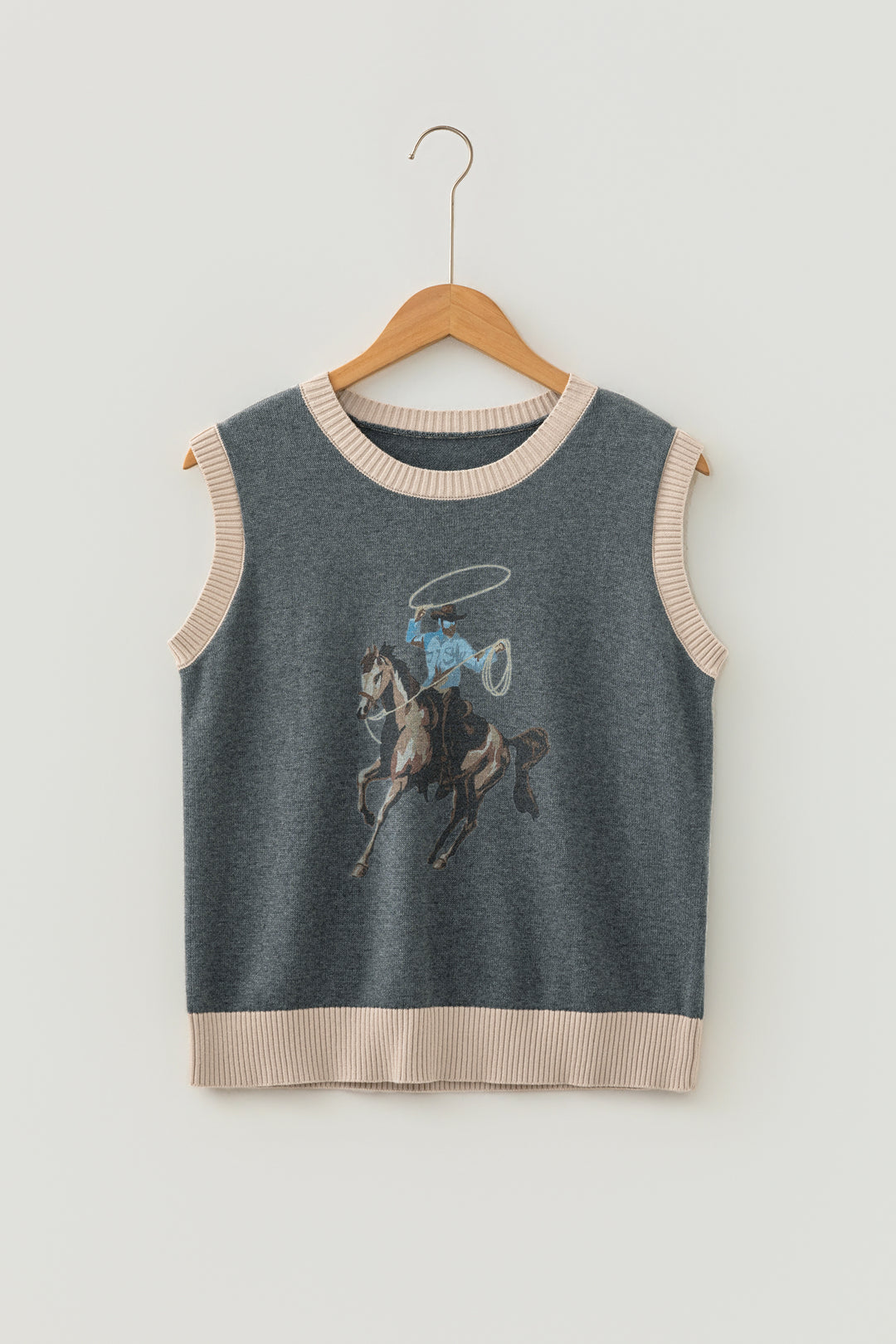 Gray Western Print Colorblock Trim Sleeveless Knitwear Vest