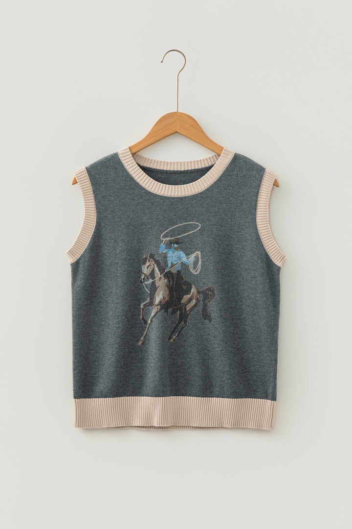 Gray Western Print Colorblock Trim Sleeveless Knitwear Vest