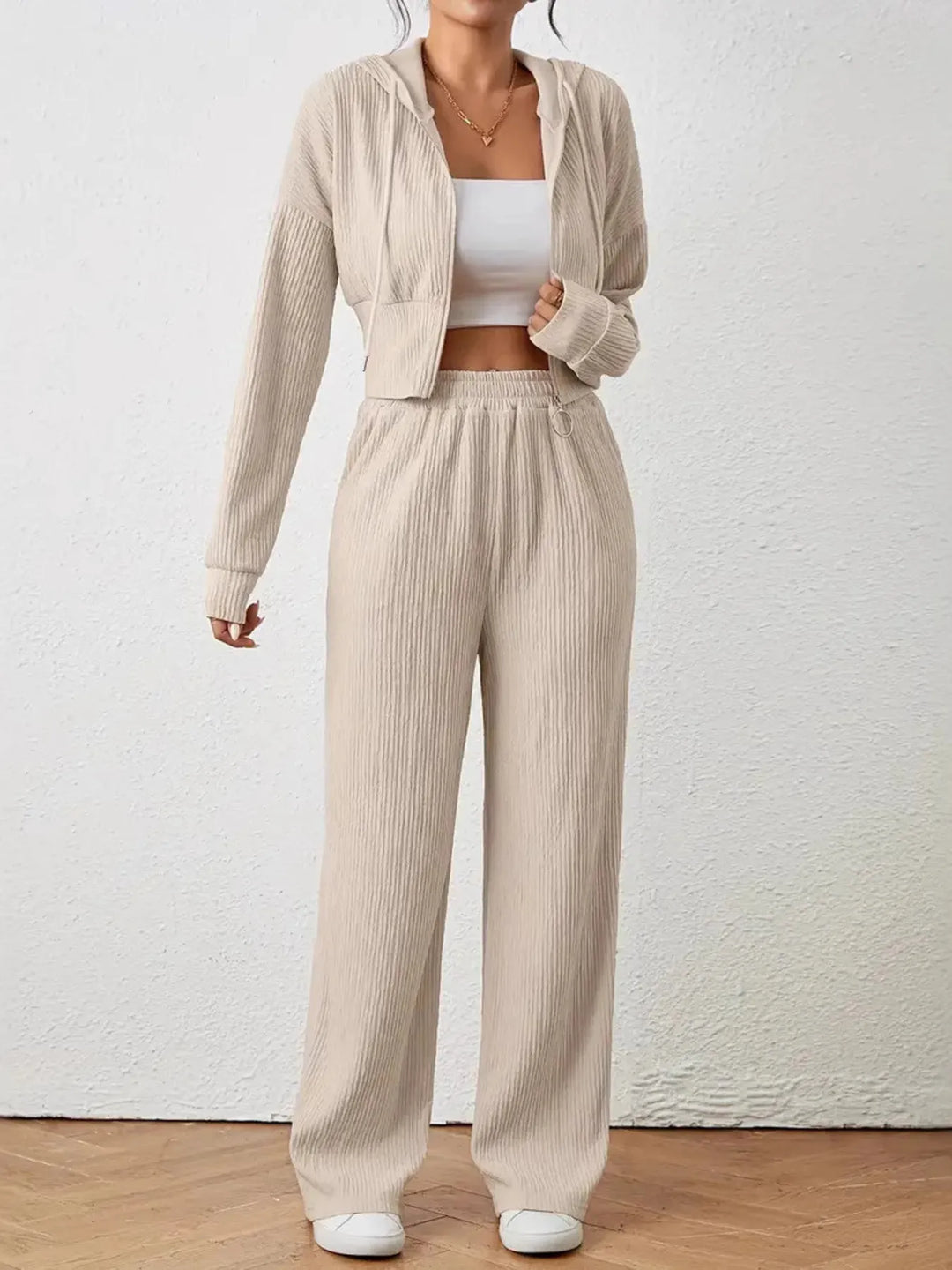 Drawstring Zip Up Hooded Top and Pants Set