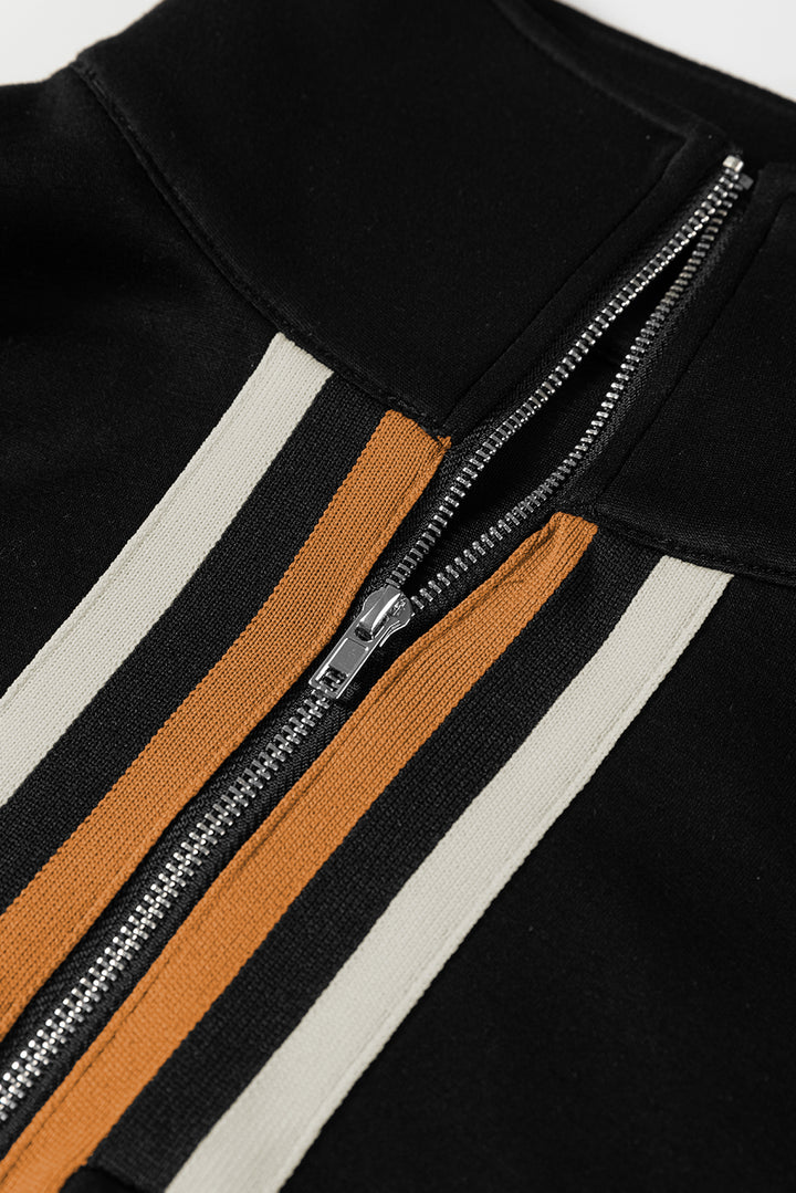 Black Striped Patchwork Quarter Zip Pullover Loose Pant Set