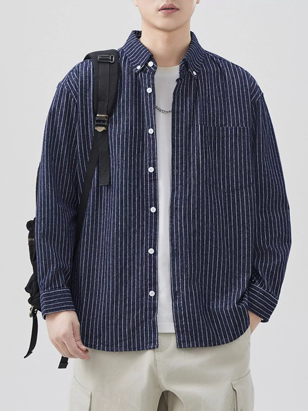 Men's Plus Size Striped Button Up Long Sleeve Shirt
