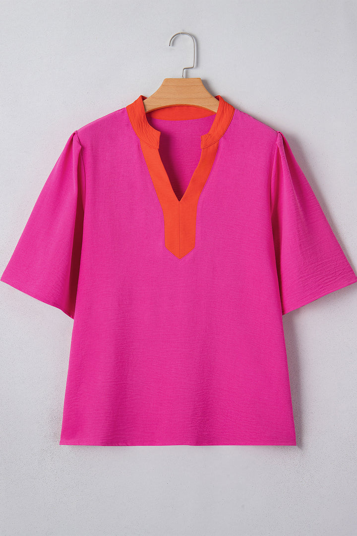 Rose Red Contrast V Neck Colorblock Wide Short Sleeve Top