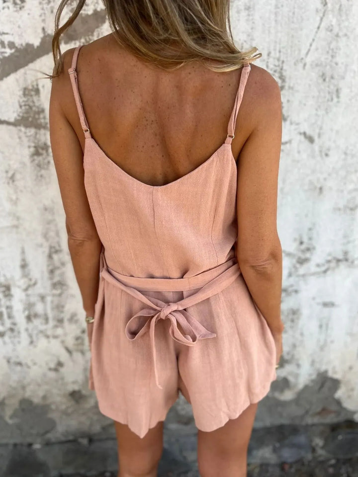 Full Size Button-Front Belted Cami Romper Plus Size