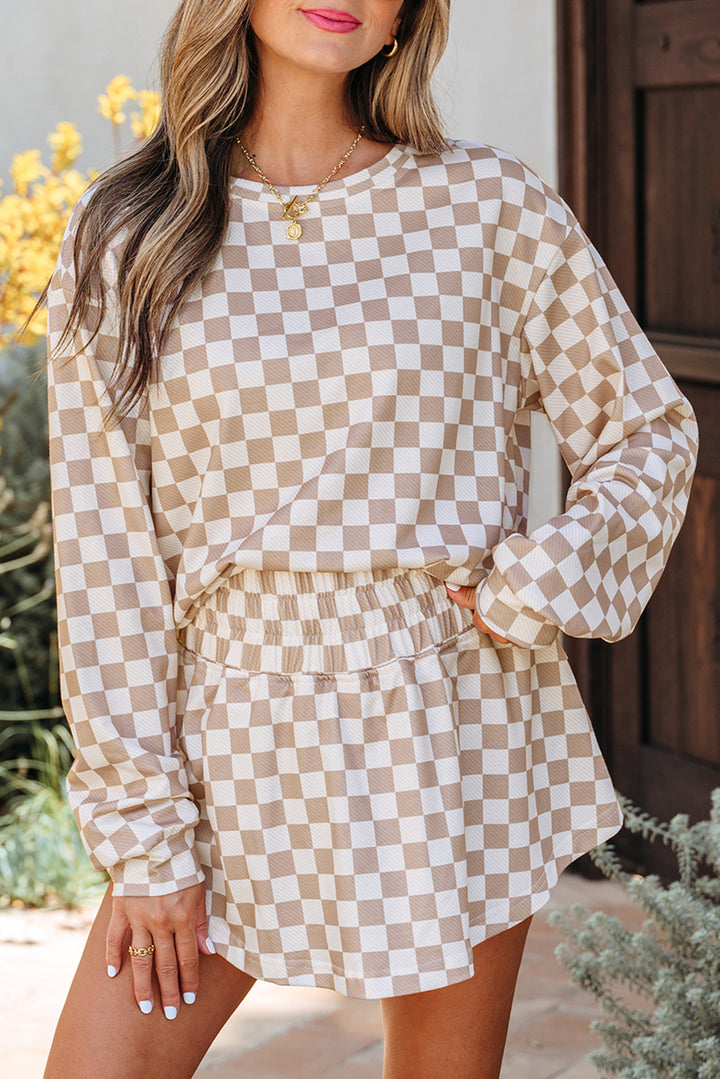 Khaki Checkered Long Sleeve Crop Top High Waist Skort 2pcs Set