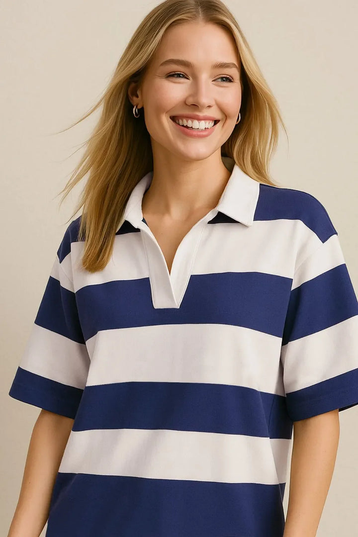 Oh Pima Cotton Wash Color Block Johnny Collar Half Sleeve Top