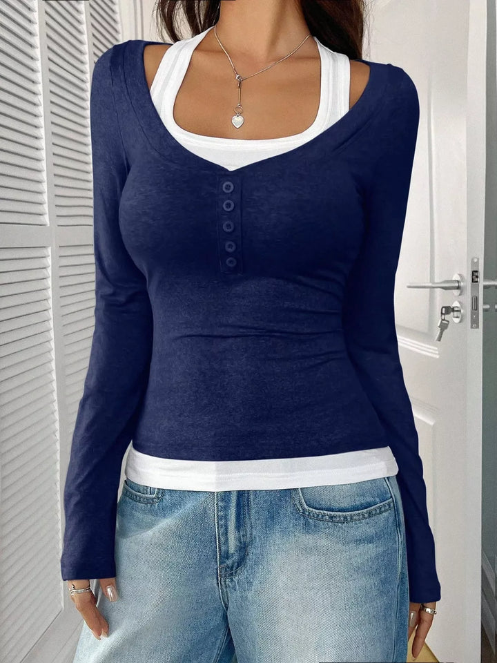 Contrast Long Sleeve Fake Two-Piece T-Shirt