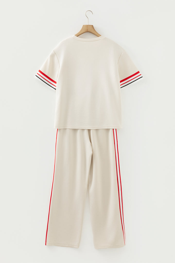 Jet Stream Contrast Striped Trim Crewneck T Shirt Loose Straight Pants Set