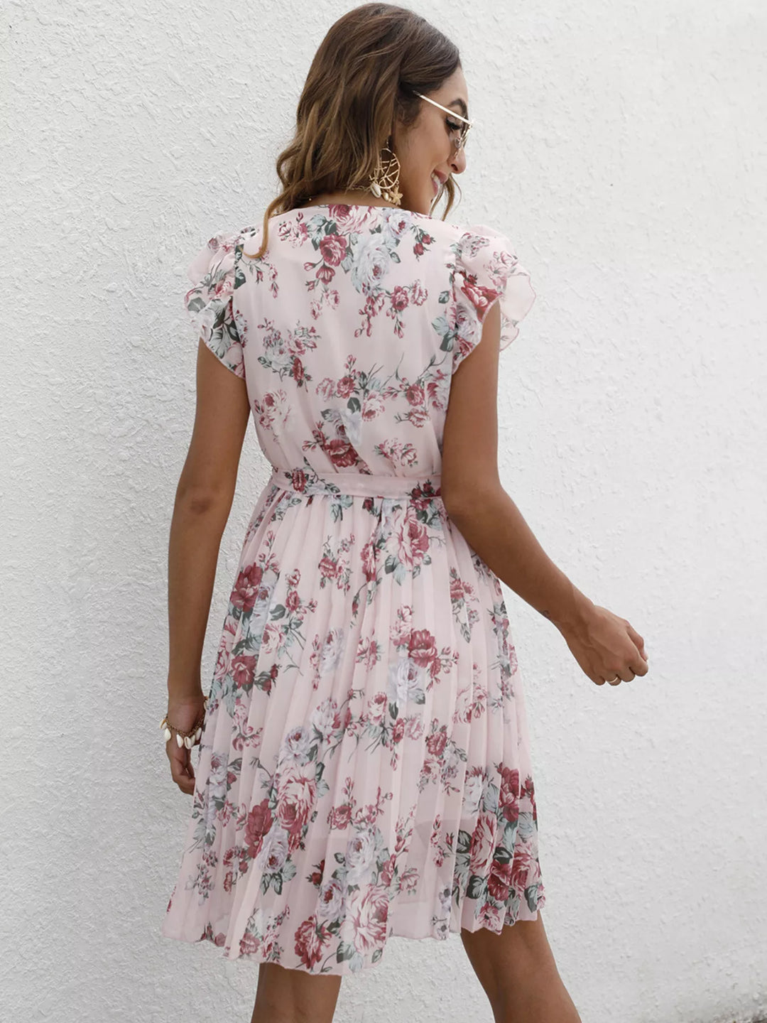 Pleated Floral Print Ruffle Sleeve Dress