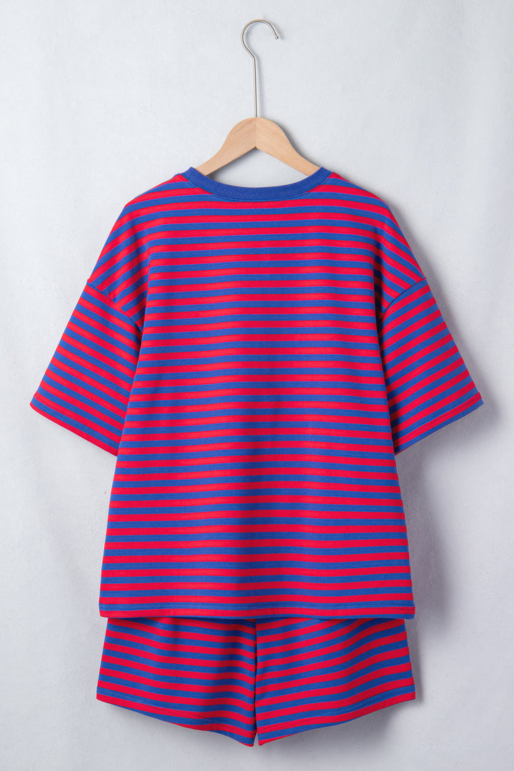Navy Stripe Striped Ribbed Cotton Two-Piece Short Set with Chest Patch Detail