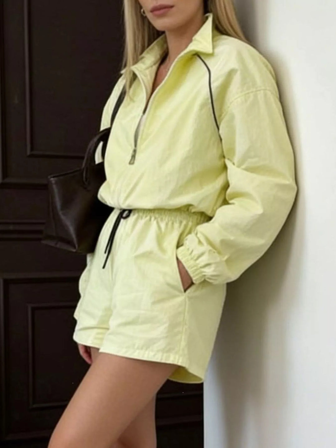 Zip Up Long Sleeve Outerwear and Shorts Set