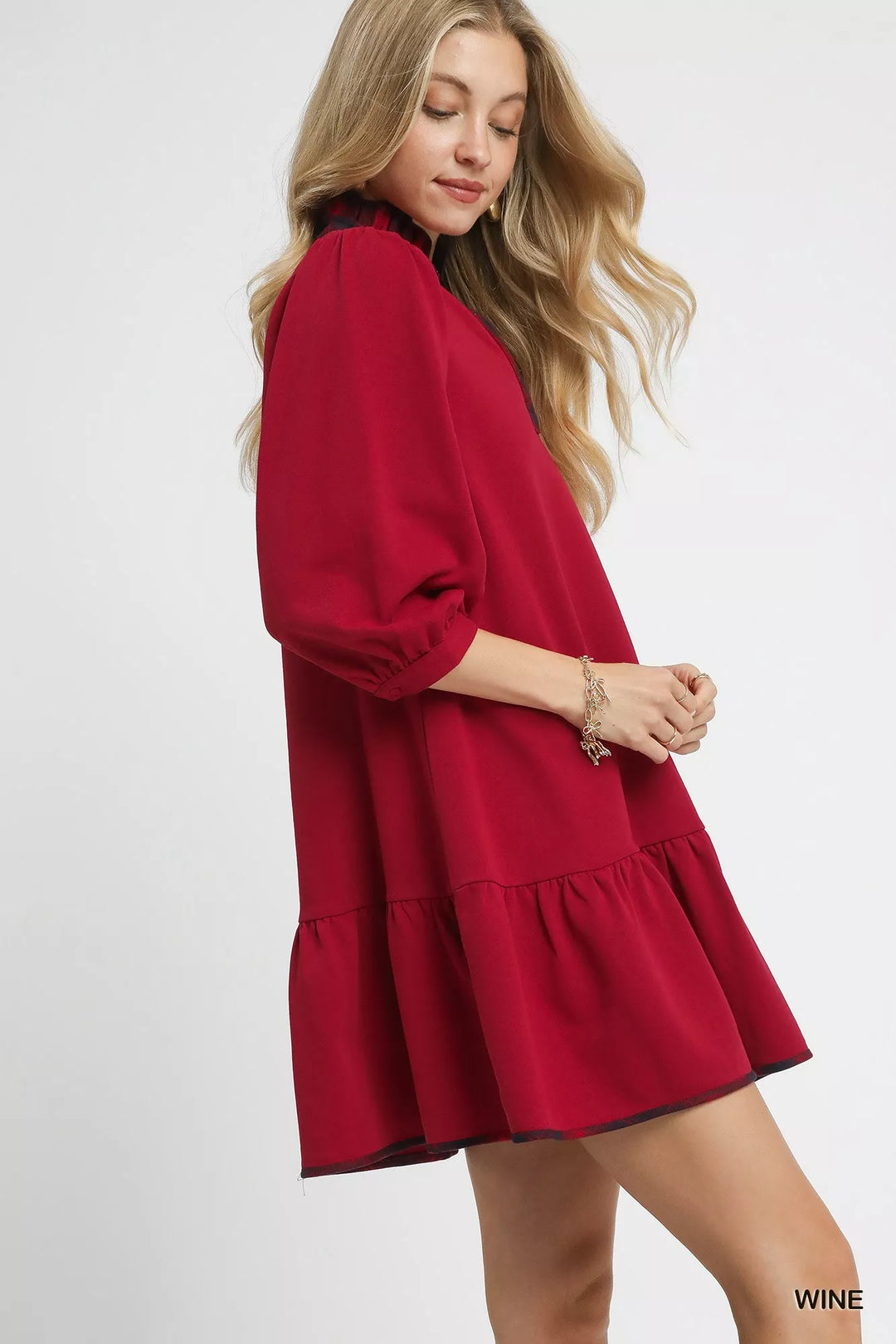 Umgee French Terry Ruffle Hem Dress with Plaid Trim