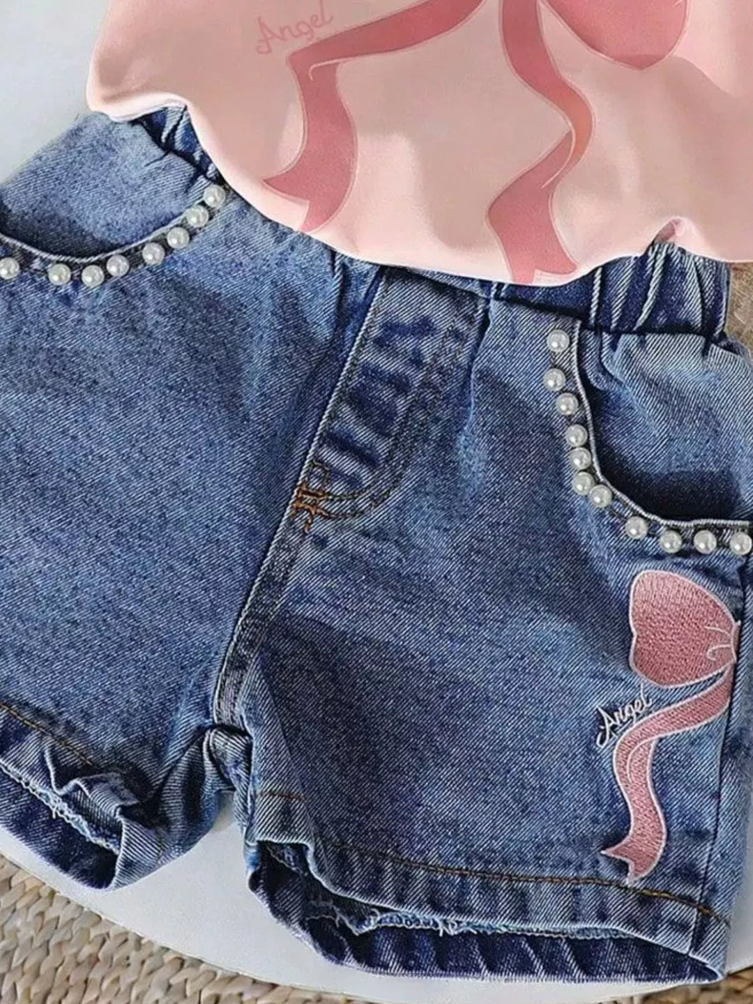 Children's Bowknot T-shirt and Denim Shorts Set