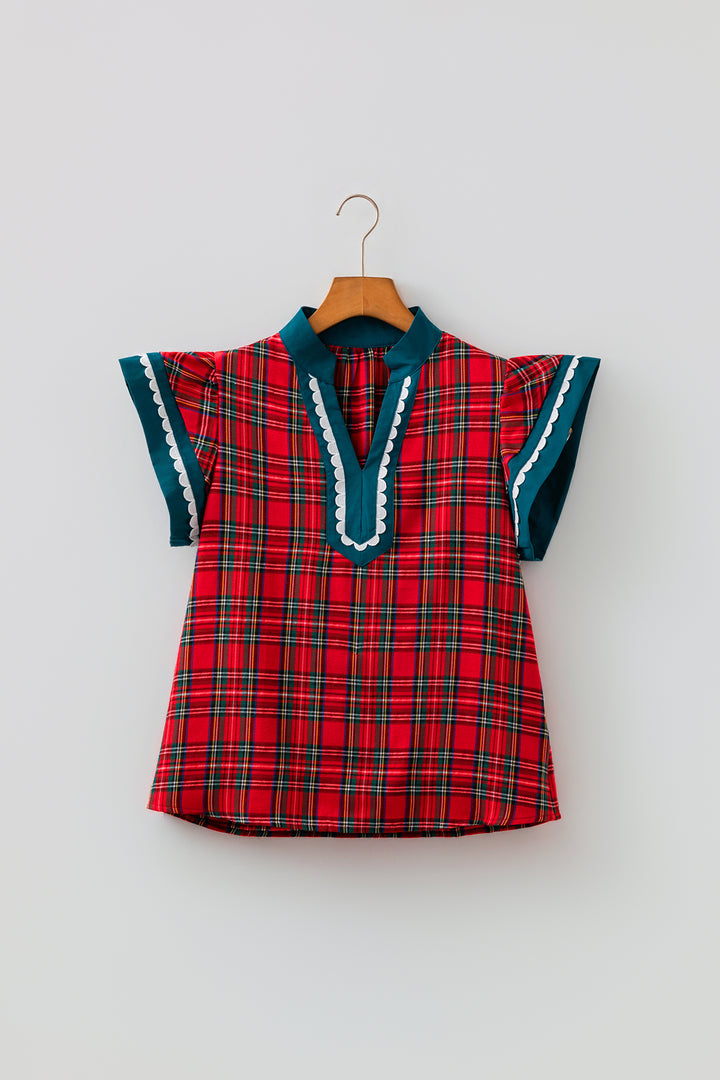 Red Plaid V Neck Short Sleeve Shift Blouse