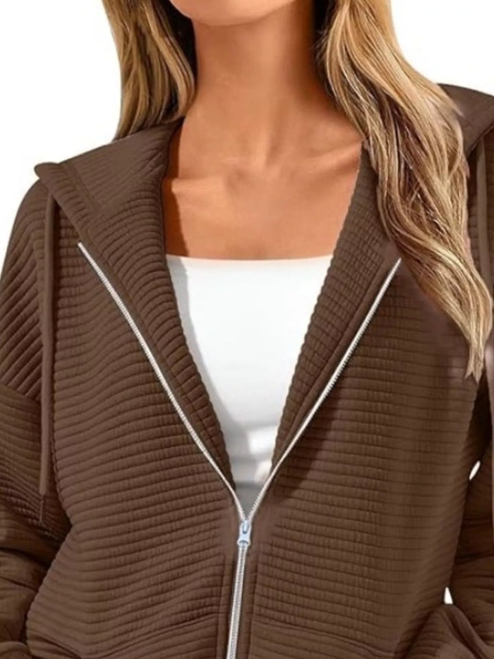 Drawstring Zip Up Dropped Shoulder Hoodie