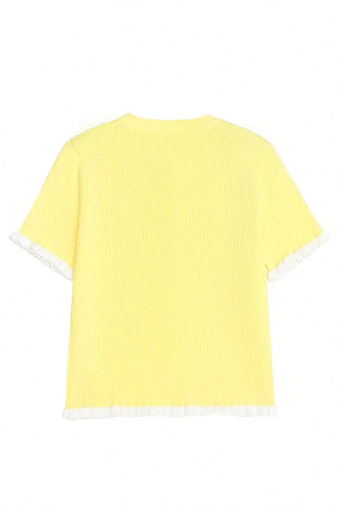 Yellow Cream Ribbed Knit Contrast Frilled Short Sleeve Sweater Cardigan