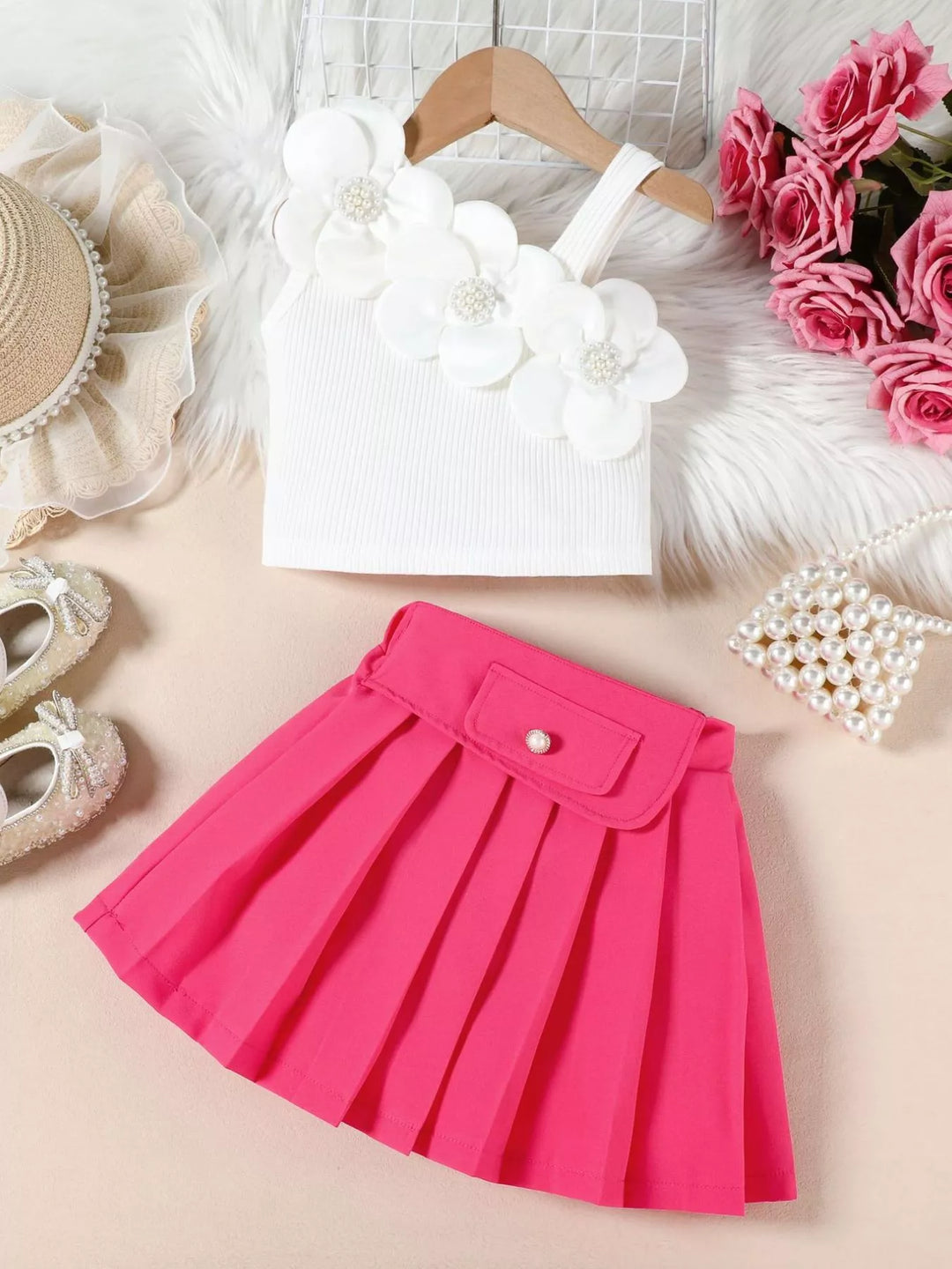 Children's Floral Applique Tank Top & Pleated Skirt Set