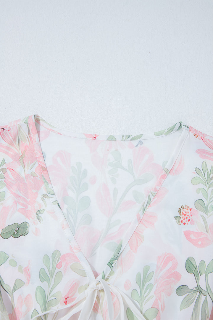 Pink Floral Puff Sleeve V Neck Tied Front Peplum Blouse