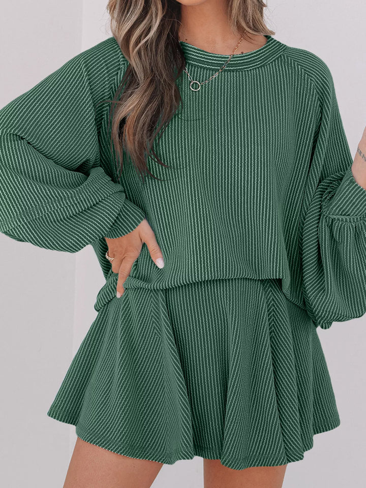 Corded Lantern Sleeve Top and High Waist Mini Skirt Set