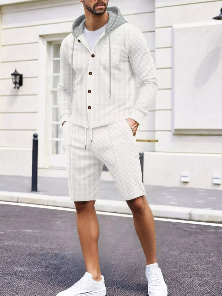 Men's Full Size Casual Hooded Button-Up Top and Shorts Set Plus Size