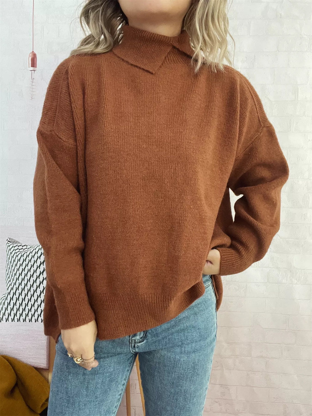Slit Turtleneck Long Sleeve Sweater