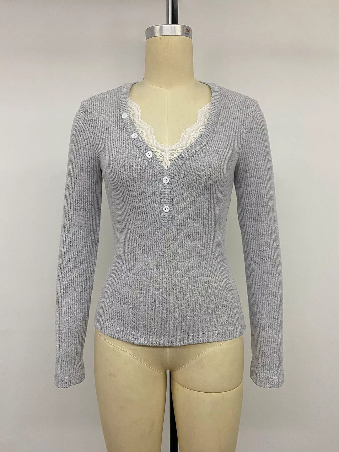 Ribbed Lace Trim Henley T-Shirt