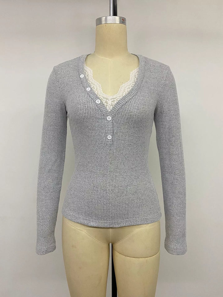 Ribbed Lace Trim Henley T-Shirt