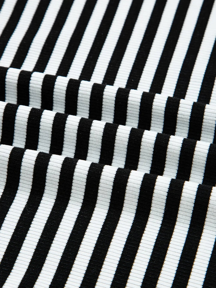 Stripe Double-layer Cold Shoulder Long Sleeve Top