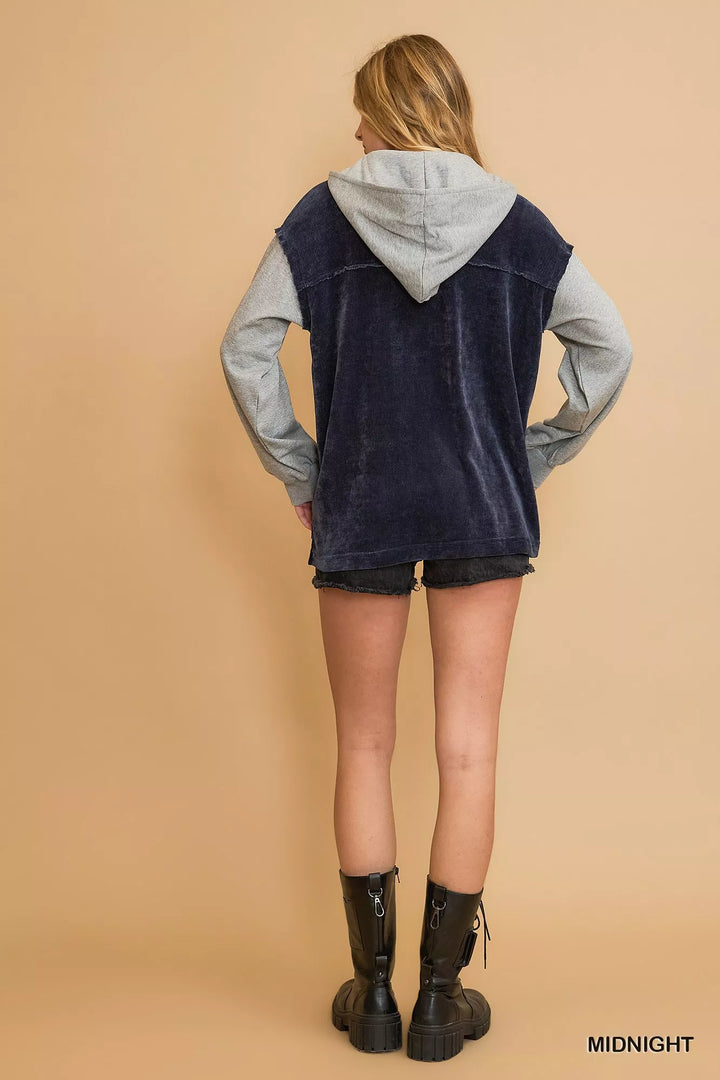 Umgee Contrast Hooded Chenille Jacket